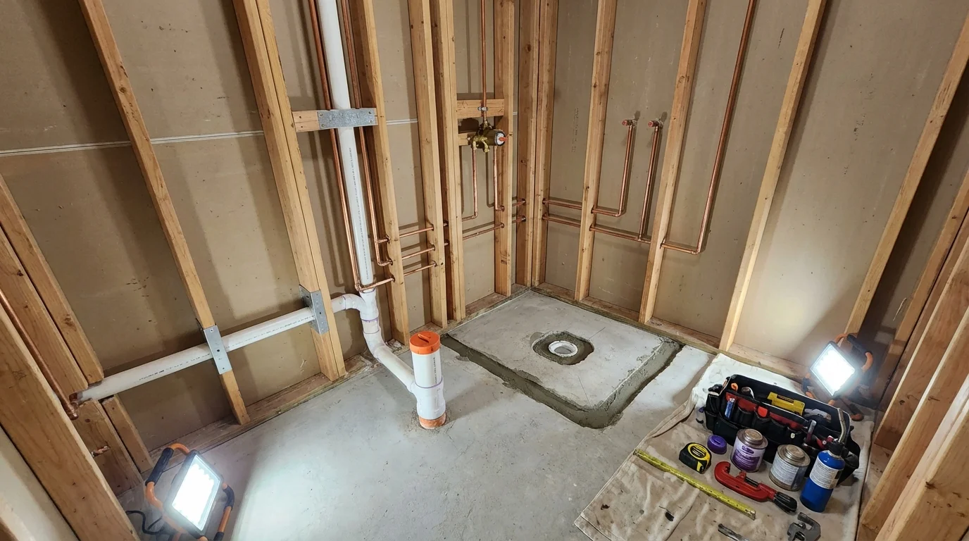 Bathroom rough-in plumbing during remodel by Johns Plumbing LLC in Norris City