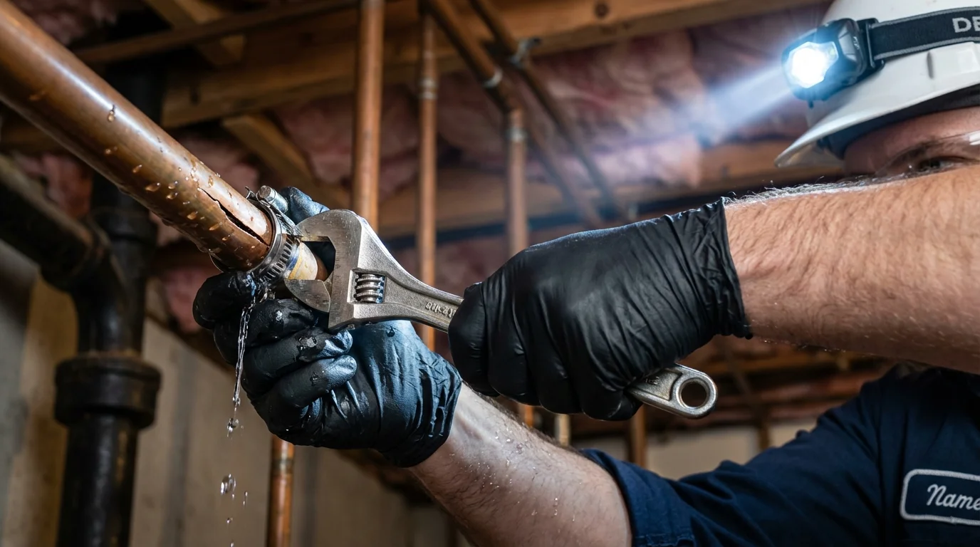 Emergency pipe clamp repair being performed by a Johns Plumbing LLC plumber in Norris City
