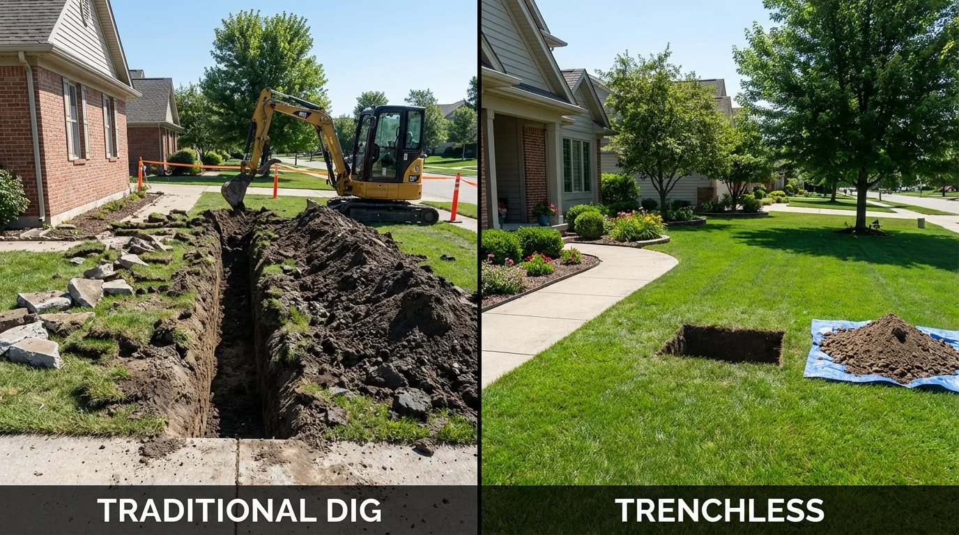 Trenchless sewer repair with minimal yard damage versus traditional excavation in Norris City, IL