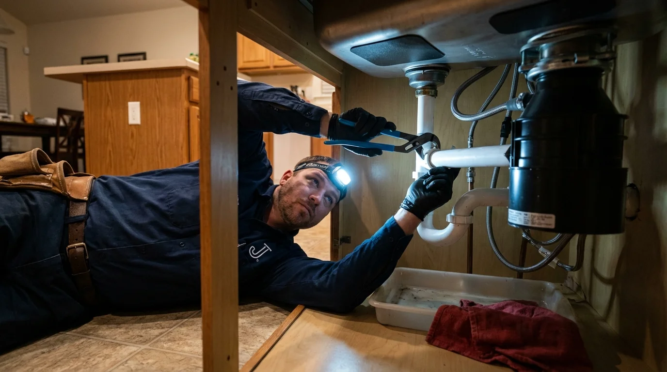 P-trap and supply line connections under a kitchen sink showing a common leak point in Norris City, IL